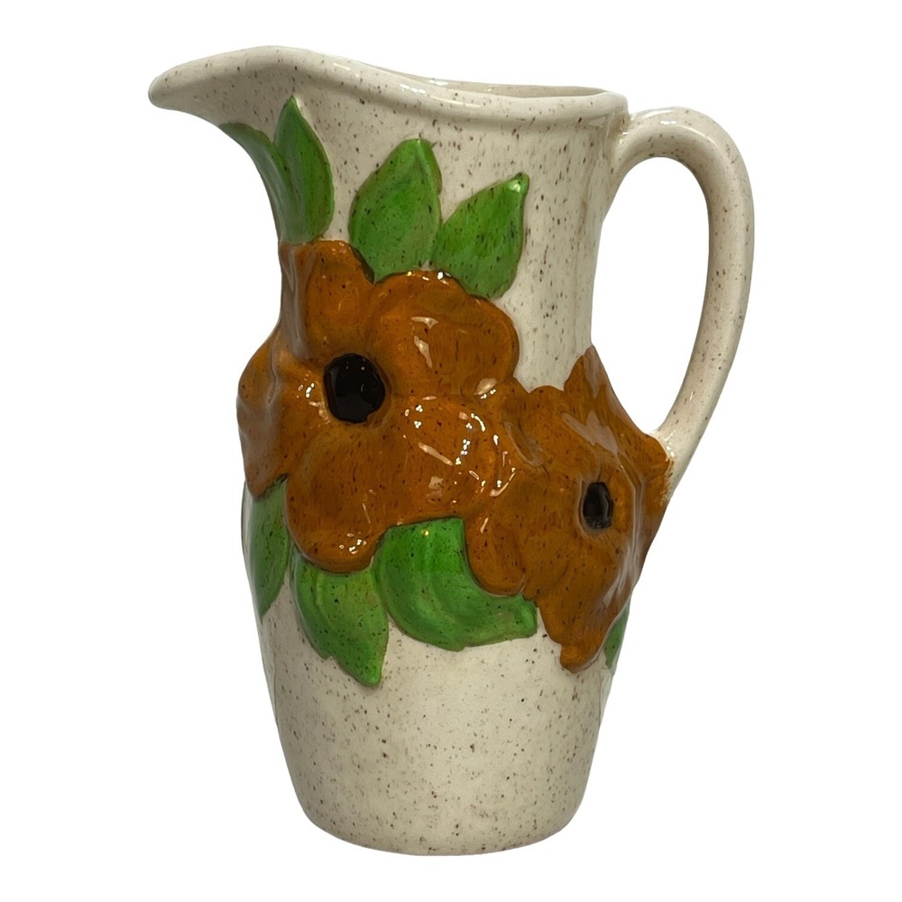 Ceramic Sunflower 3-D Burnt Orange On Speckled Pitcher Impressed 117 RPKF?